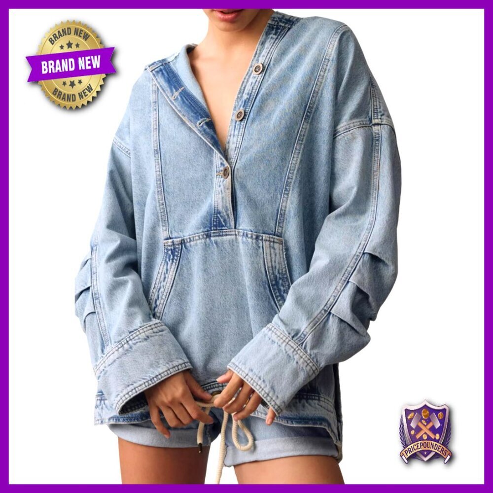 Oversized Denim Hoodie Jacket Button Up Pullover Distressed Y2K Chic